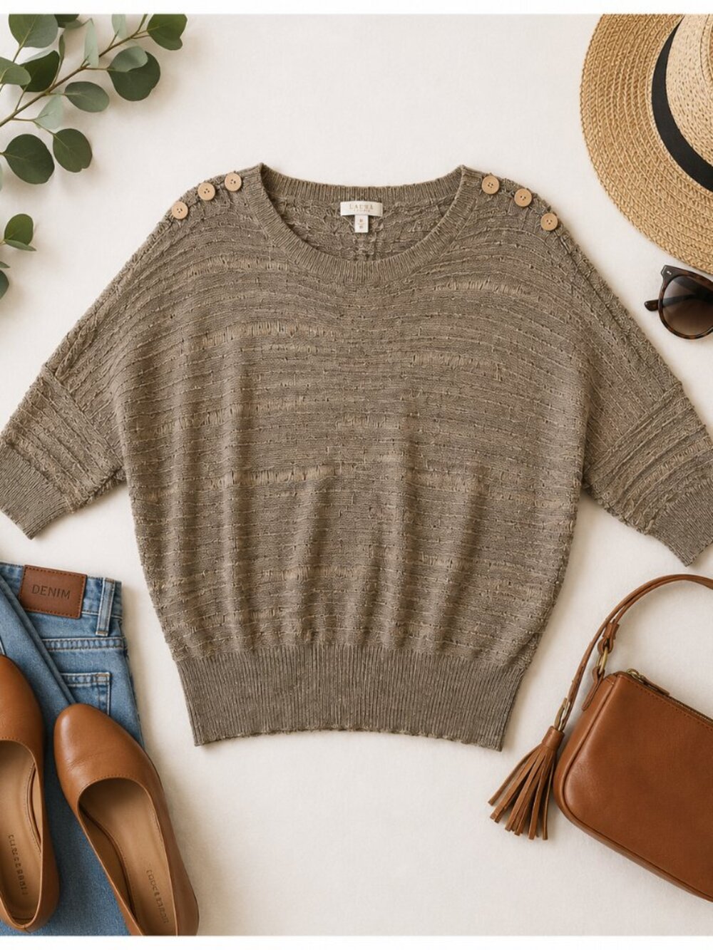 Laura Petites Textured Button Shoulder Knit Sweater Taupe Beige Boho M/M